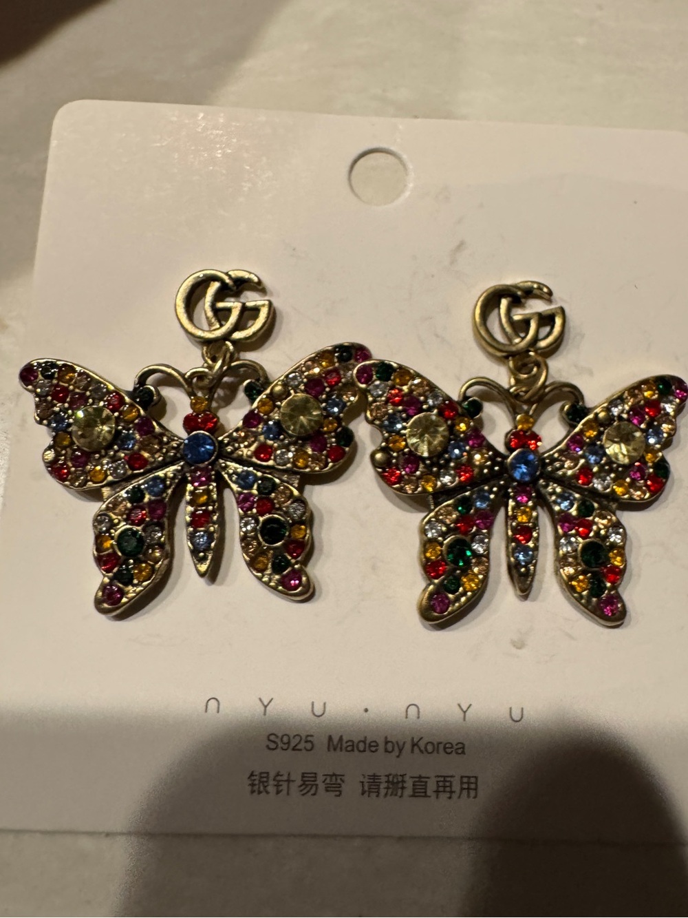 Designer-style GG Logo Multicolor Crystal Butterfly Drop Earrings